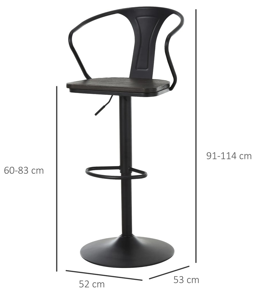 HOMCOM Set de 2 Scaune de Bar Moderne Scaun Pivotant Spatar Reglabil pe Inaltime din Lemn Metal 5 Roti Pivotante Robuste Negru