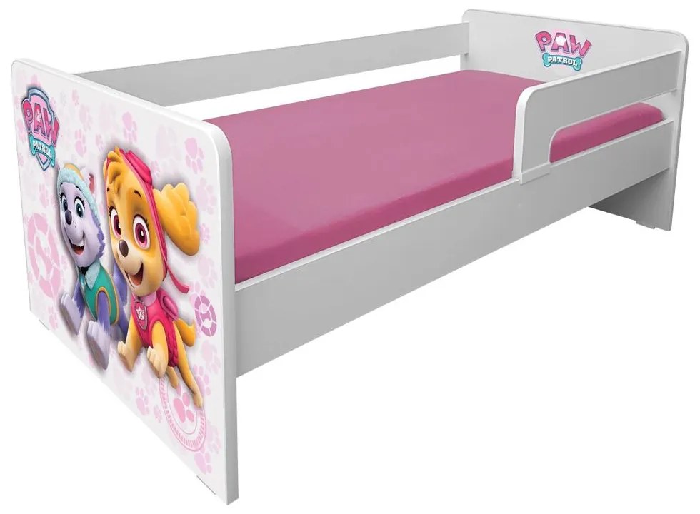 Pat copii Paw Patrol Pink P1L 2-6 ani cu paravane detasabile/interschimbabile + saltea Basic + Lampa veghe