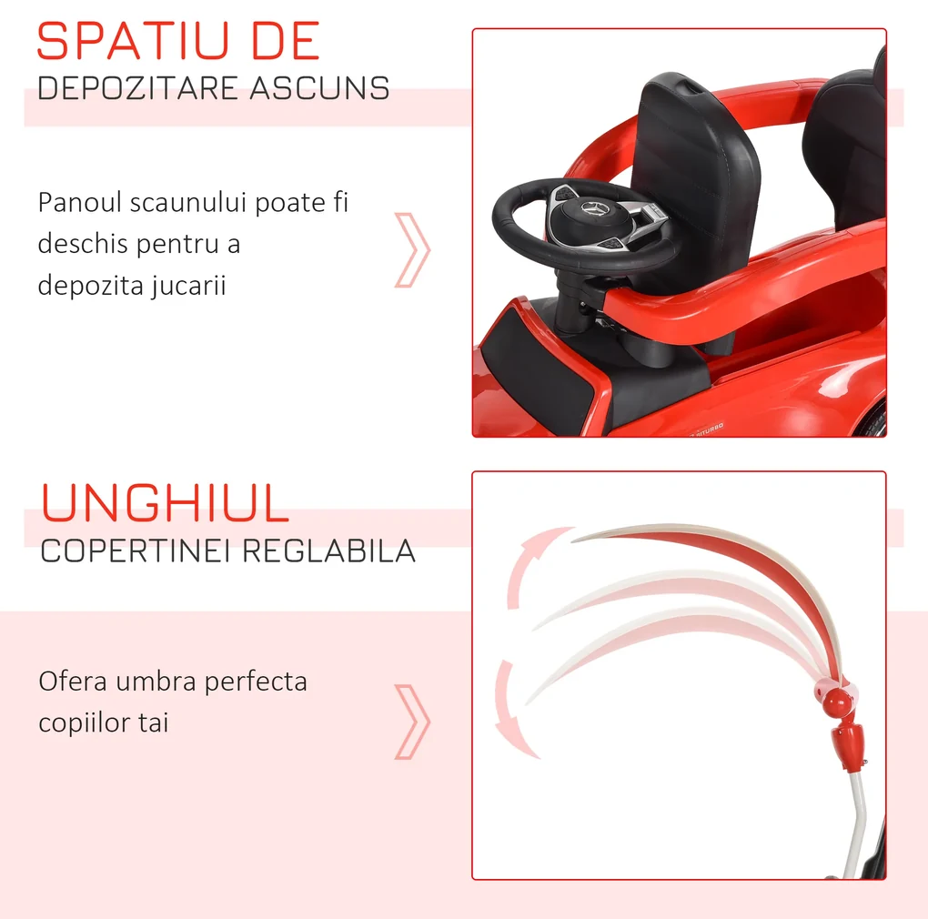HOMCOM Mașină cu Maner pentru Copii, Licență Mercedes, Acoperiș și Bare de Siguranță Detasabile, Roșie | Aosom Romania