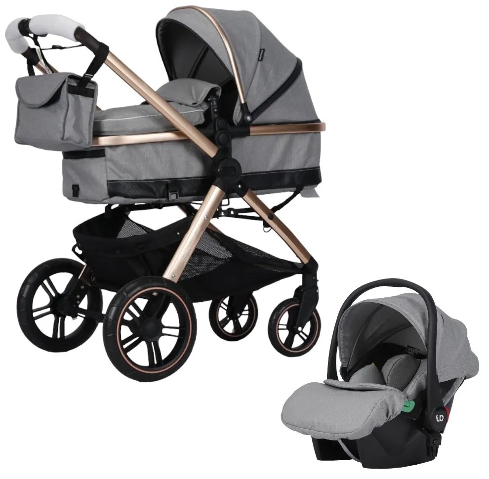 Carucior nou nascuti 3 in 1 NOVOKIDS™ X2000 series, Cu geanta bebe, Cadru Aluminiu Gold, Amortizoare, Roti din cauciuc plin AVE, Landou, Scoica auto,