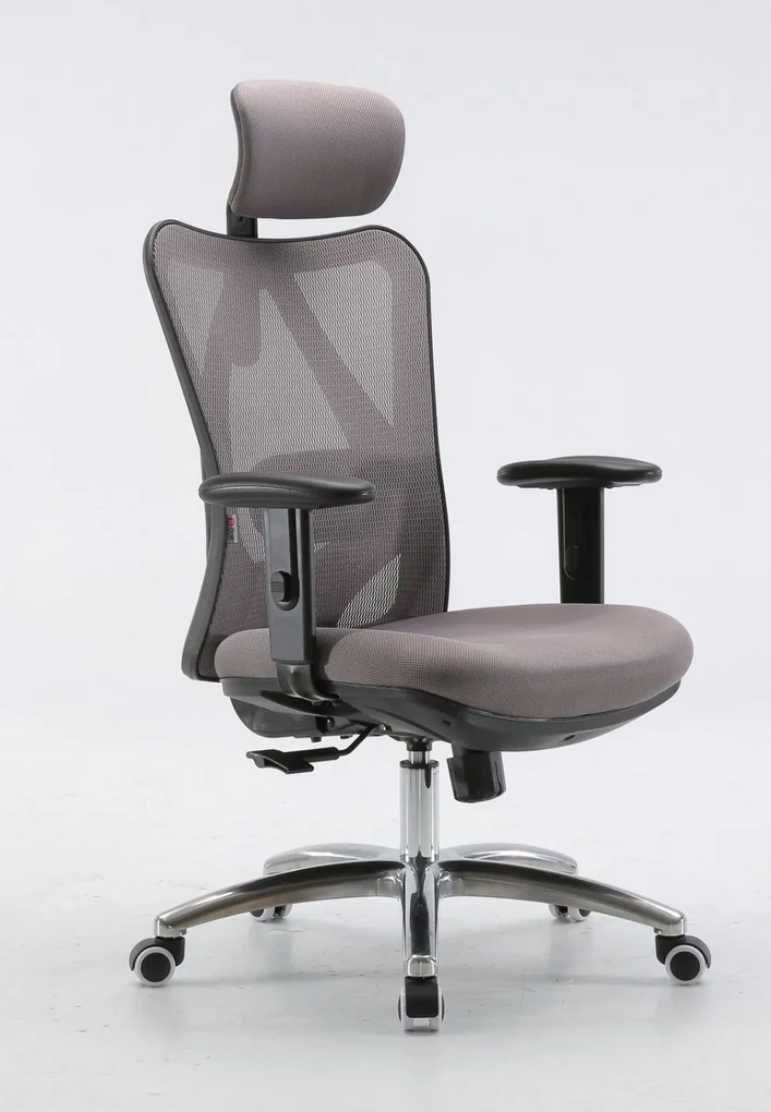 Scaun ergonomic SIHOO, pivotant, suport lombar, tetiera, cotiera, reglabile, reglare pe inaltime, mecanism inclinare/blocare in 3 pozitii, Mesh/Textil, Gri, cadru Negru