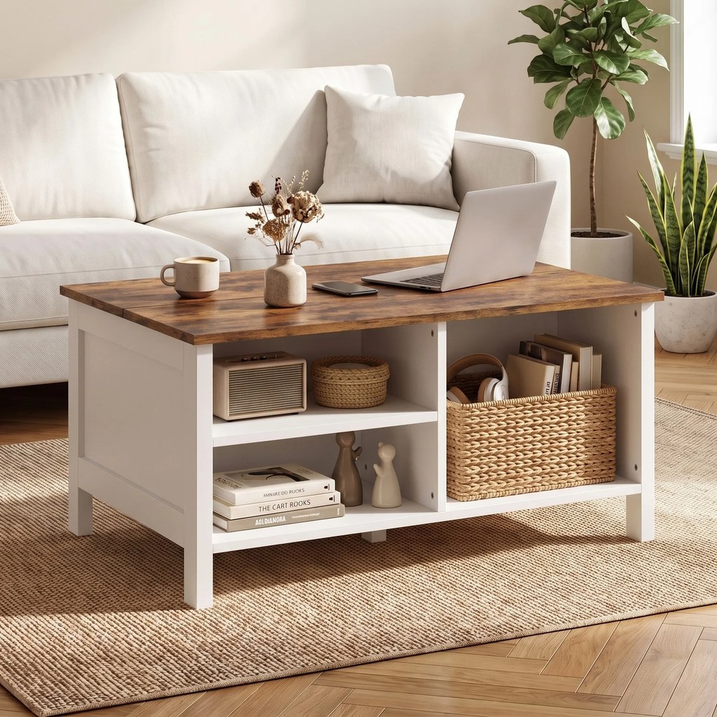 HOMCOM Cufăr de Depozitare 80x60x40 cm, cu Capac Rabatabil, Rafturi Deschise și Compartiment Ascuns, Maro Rustic | Aosom Romania