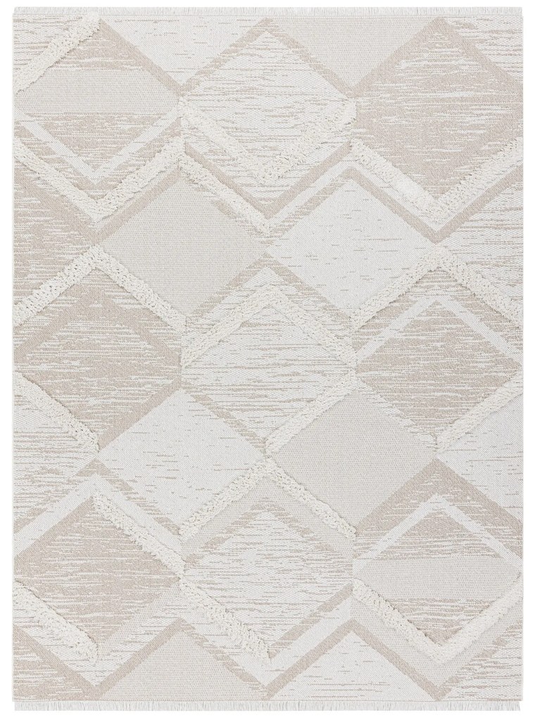 Covor ECO SISAL MOROC 22314 romburi, zigzag, boho franjuri - structural bej / cremă