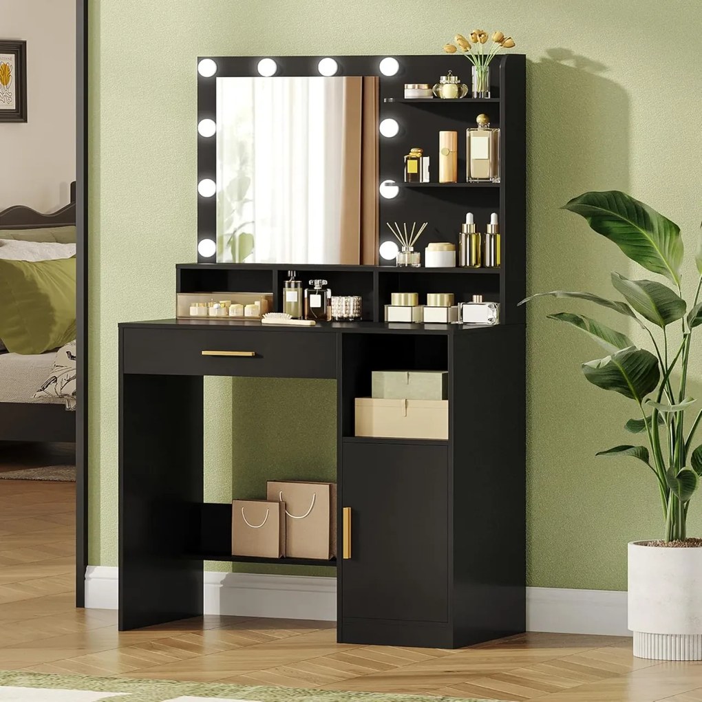 Masuta machiaj cu Oglinda LED si 1 Sertar pentru Cosmetice, Set Masa toaleta 80 cm, Alb / Negru / Gri, masuta cosmetica, vanity - SEG19