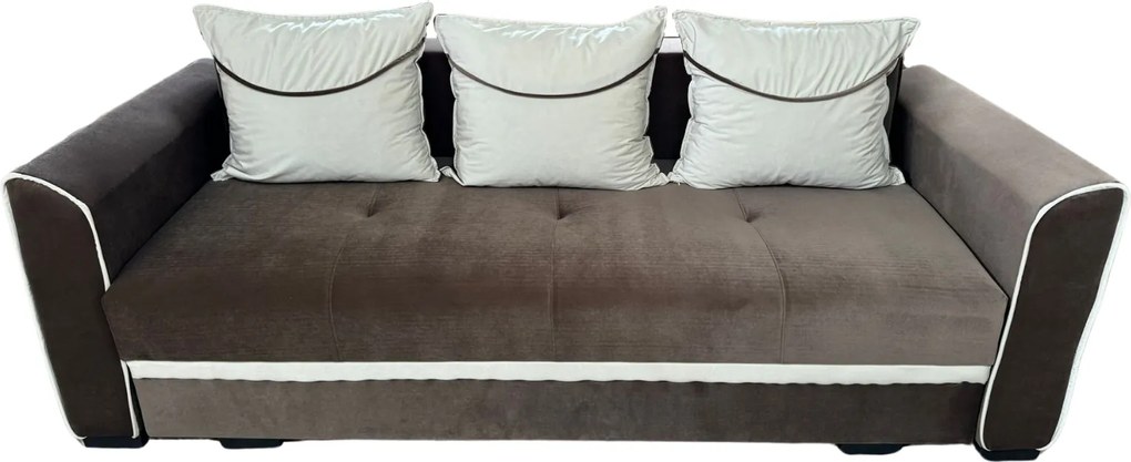 Canapea LILI extensibila, 3 locuri, cu lada de depozitare, catifea maro + crem , 220x95x80 Maro + Crem, Catifea