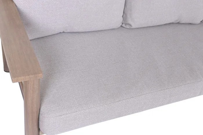 Set lounge exterior premium din aluminiu cu finisaj lemn, canapea, 2 fotolii și măsuță cu perne din olefină, „Cortina”