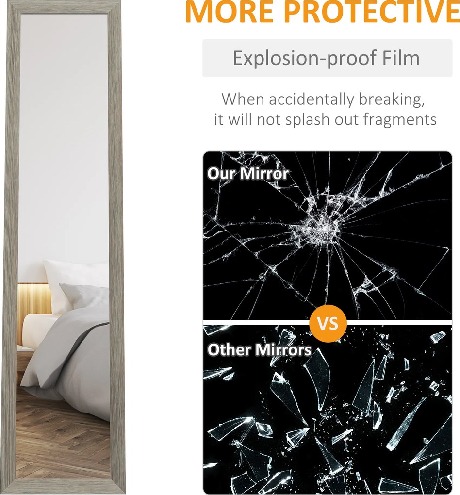 HOMCOM Oglindă Autoportantă Modernă, 37x157 cm, Oglindă de Perete și de Podea în Mărime Naturală cu Ramă din Lemn și Suport, pentru Dormitor, Living și Hol, Gri | Aosom Romania