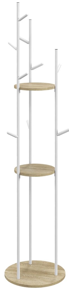 HOMCOM Suport de haine cu 9 agatatori si 2 rafturi rotunde Ø 40 x 167 cm natural si alb | Aosom Romania