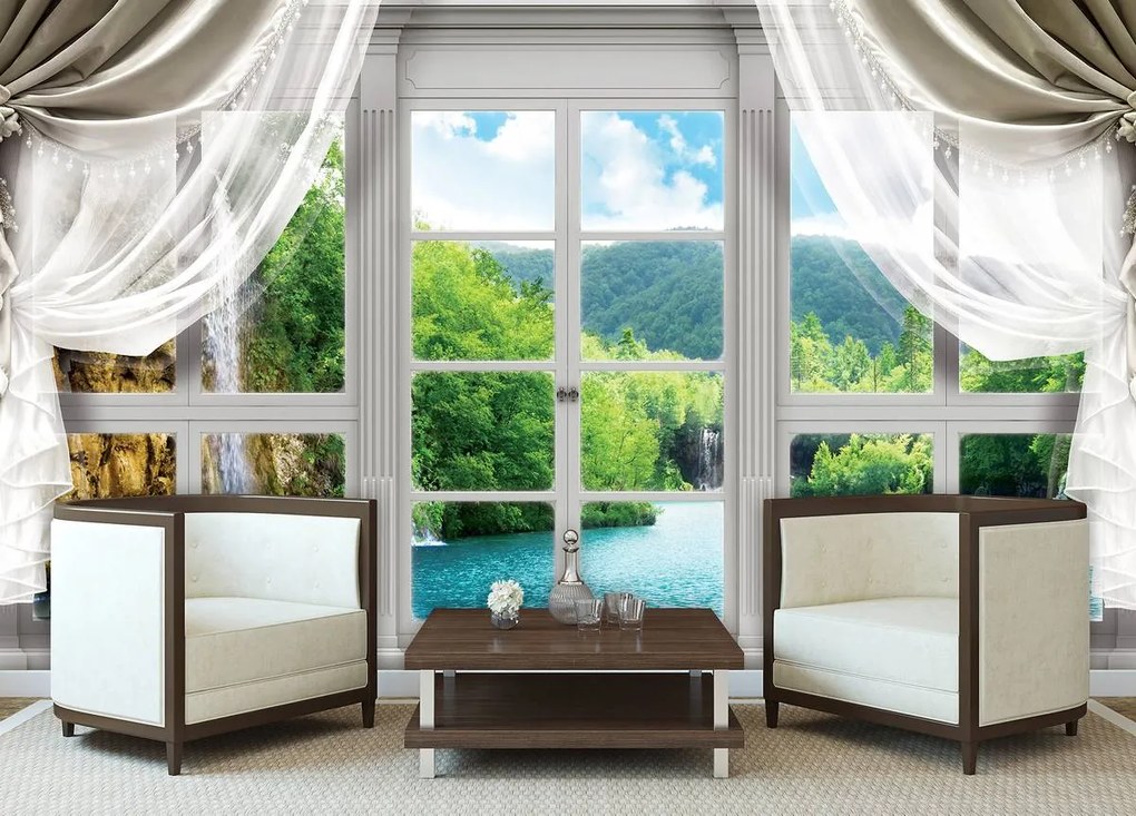 Fototapet - Privire din geam spre cascade (152,5x104 cm)