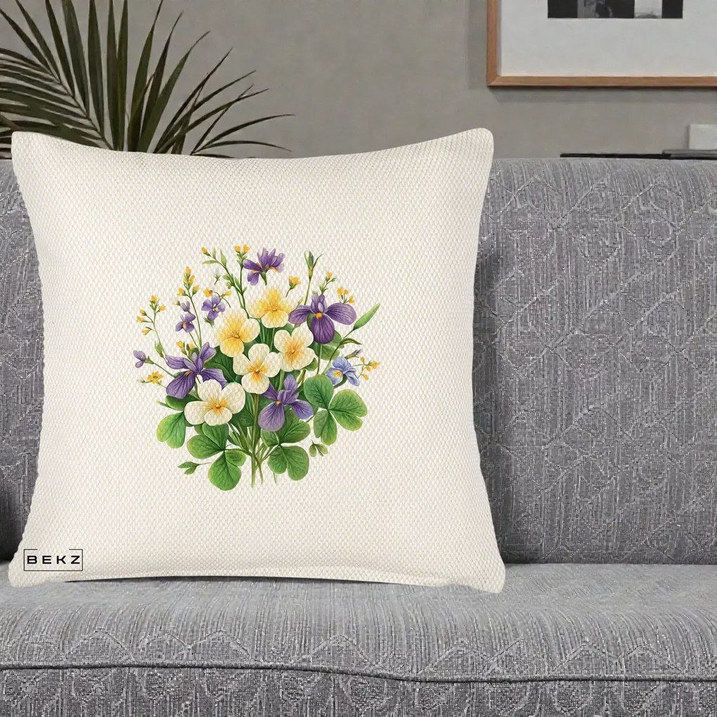 Perna Decorativa Viorele Iris Violet si Trifoi, 40x40 cm, Crem Reliefat, Husa Detasabila, Perna Inclusa, BEKZ®