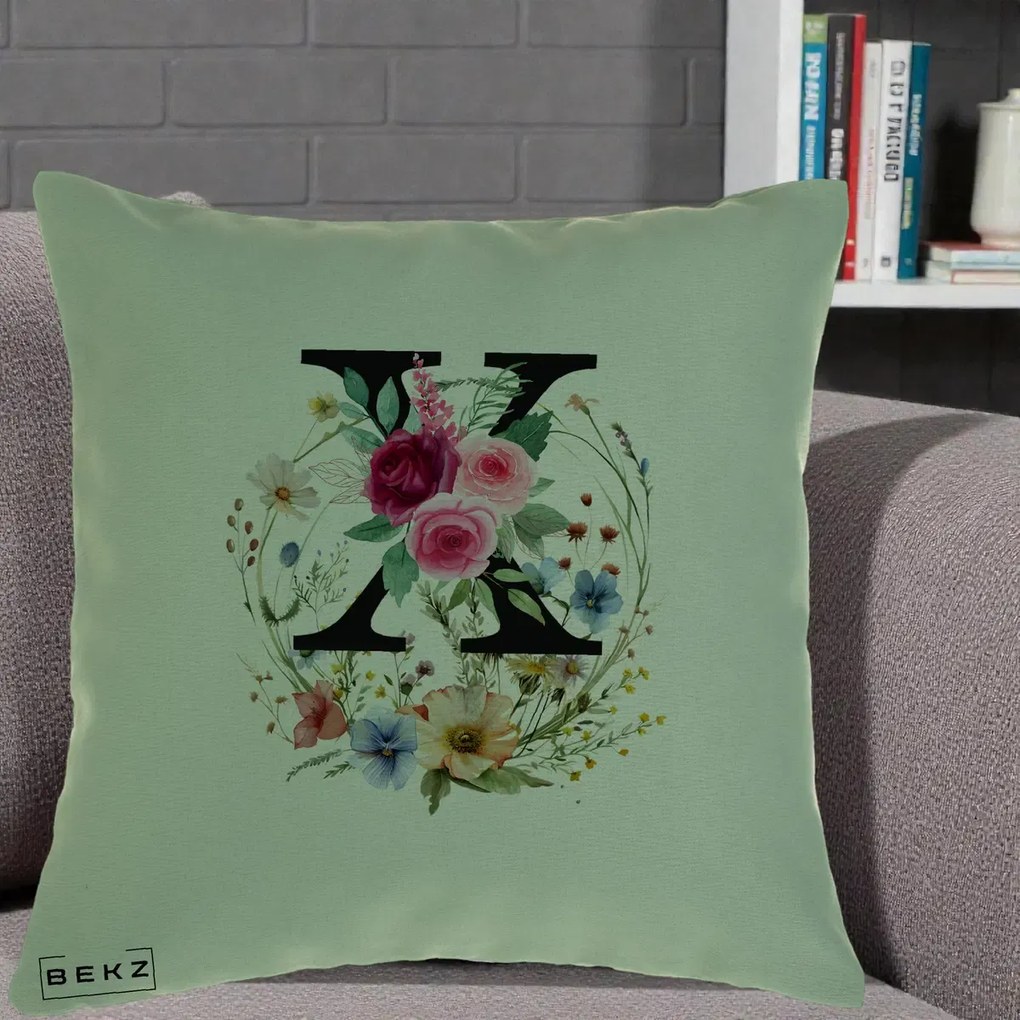 Cadou Personalizat - Perna Personalizata Monograma Florala Litera X cu Coroana, 40x40 cm, Verde, Husa Detasabila, Perna Inclusa, BEKZ®