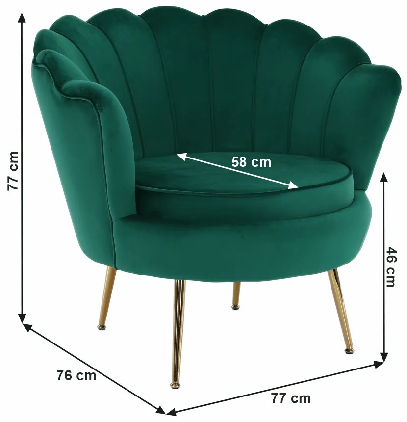Fotoliu în stil Art-deco, catifea Velvet smarald/crom auriu, NOBLIN