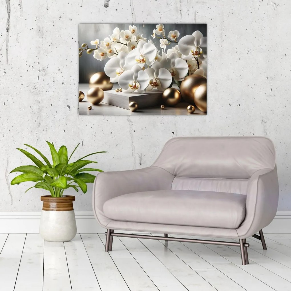 Tablou pe sticlă - Orhidee și bile aurii (70x50 cm)