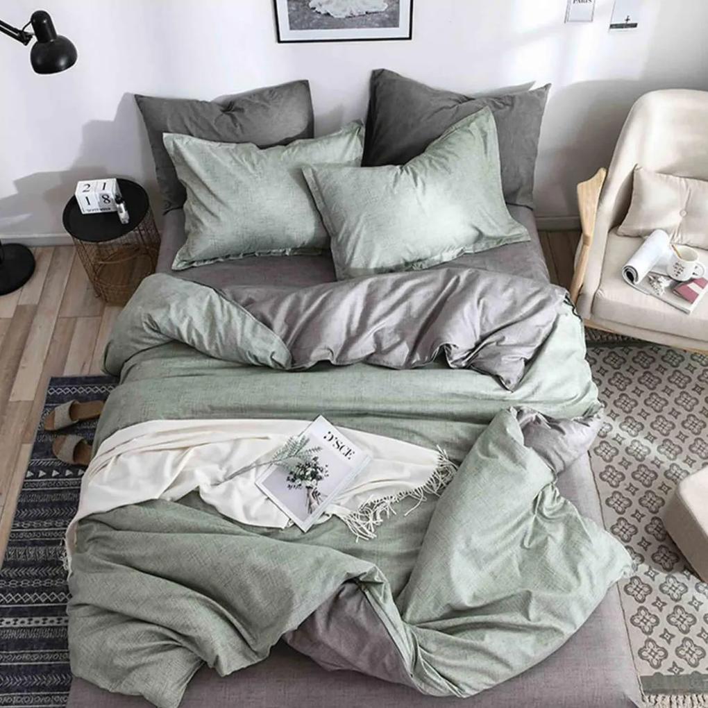 Lenjerie de pat cu 2 fete, policoton, pat 2 persoane, 4 piese, gri / verde, R4-542