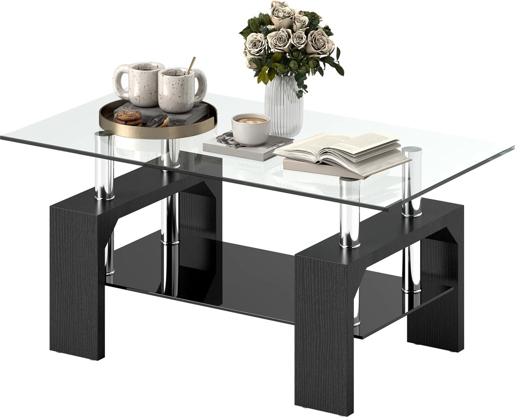 HOMCOM Măsuță de Cafea Modernă cu 2 Nivele din Lemn și Oțel cu Blat din Sticlă Temperată, 90x50x42 cm, Negru | Aosom Romania