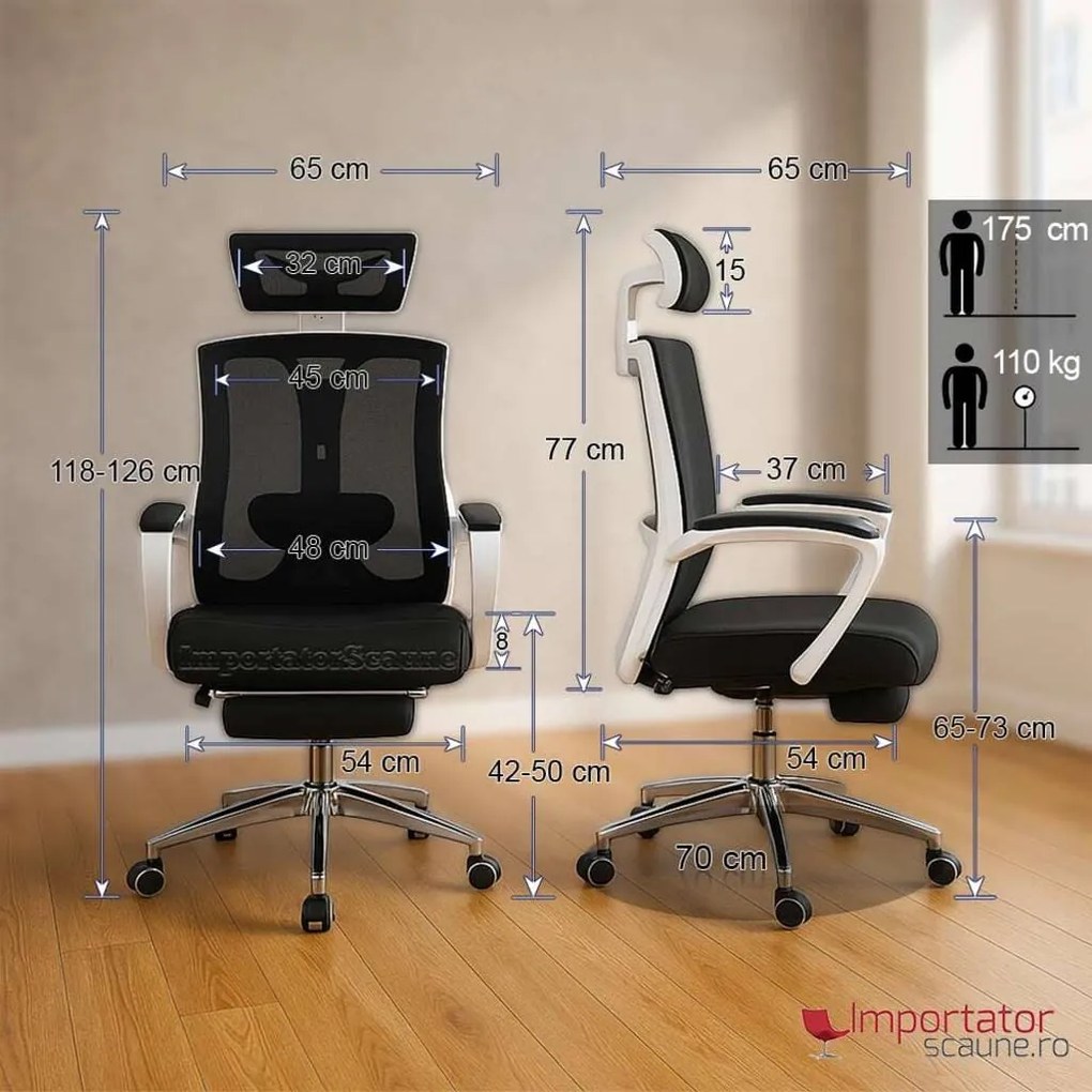 Scaun ergonomic OFF 420 negru, suport picioare și tetieră 2D