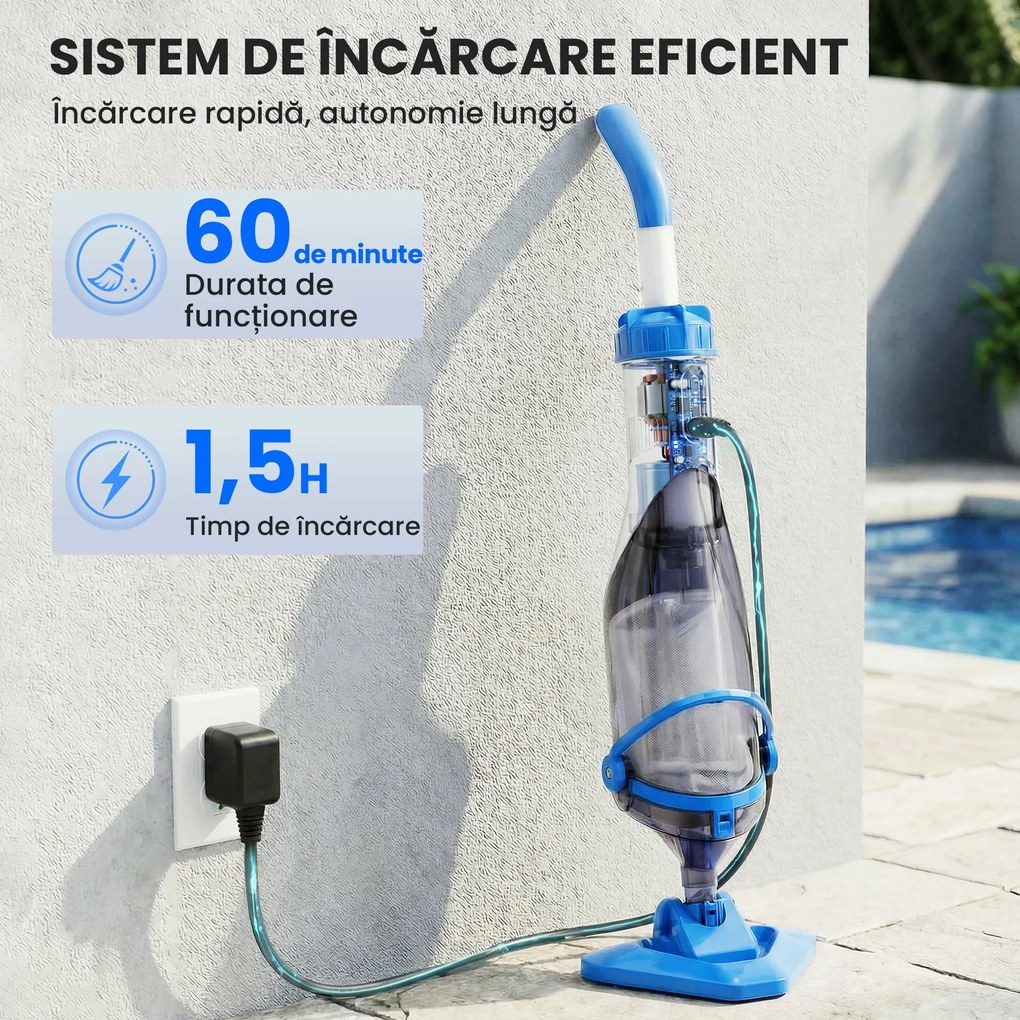 Outsunny Aspirator pentru Piscină Portabil Fără Fir, cu Perie, Ușor, cu Mâner Reglabil 63-150 cm pentru Piscine Mici, Spa, Iazuri | Aosom Romania