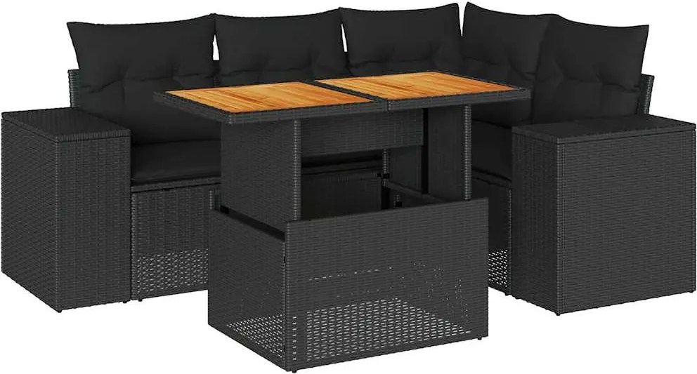 vidaXL Set mobilier de grădină cu perne, 5 piese, negru, poliratan
