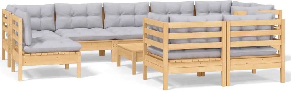 vidaXL Set mobilier grădină cu perne, 10 piese, gri, lemn masiv pin