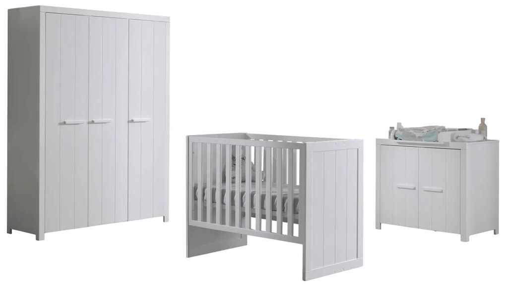 Set Complet Cameră Copii ERIK: Pătuț Transformabil 60x120 - 90x200 cm, Comodă, Masă de Înfășat și Dulap 3 Uși, Alb – Vipack