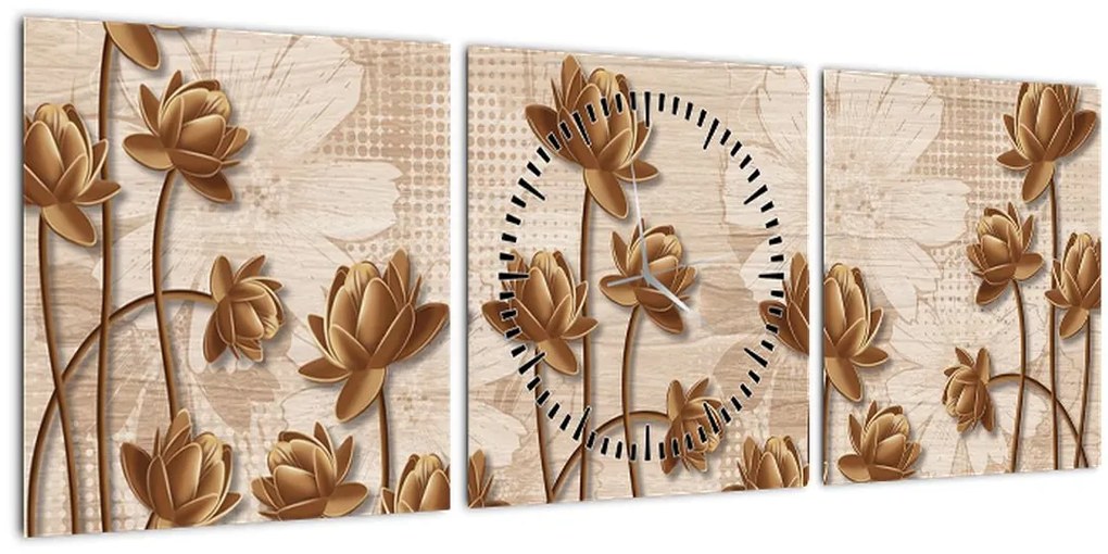 Tablou cu abstracția florilor - maro (cu ceas) (90x30 cm)