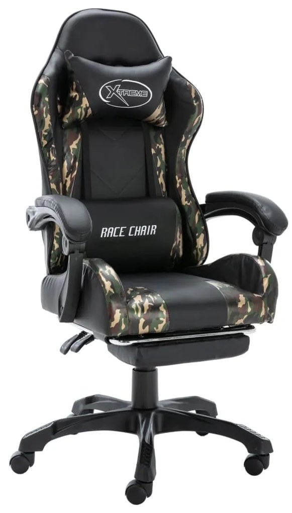 vidaXL Scaun de jocuri cu taburet, negru și camuflaj, piele ecologică