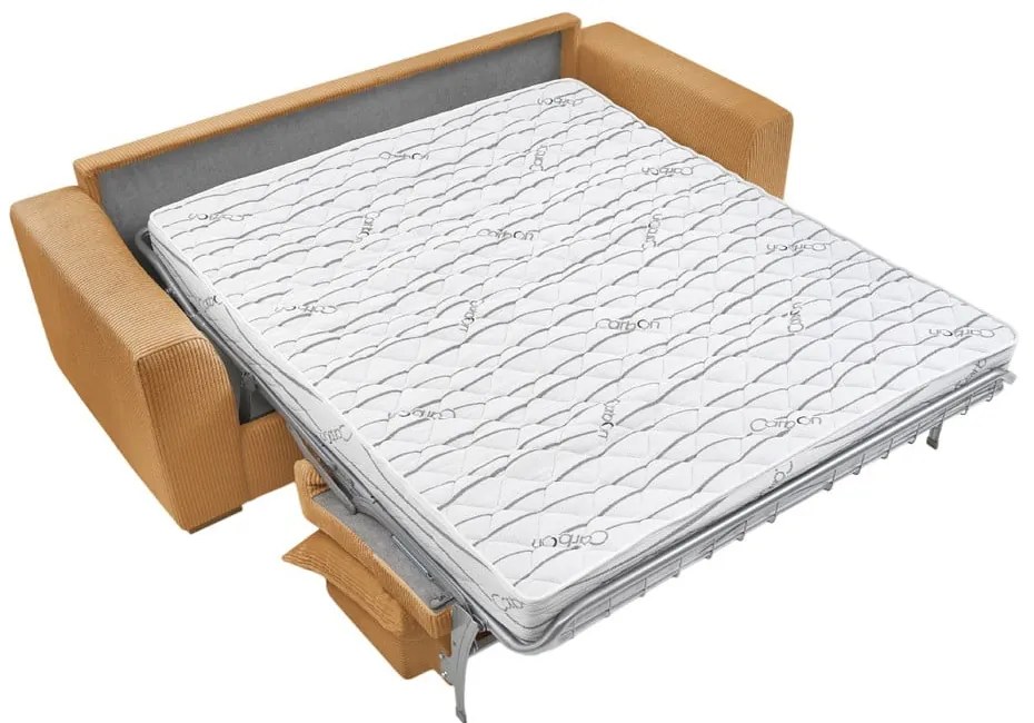 Canapea galben-muștar extensibilă cu tapițerie din catifea reiată 225 cm Augustin – Bobochic Paris