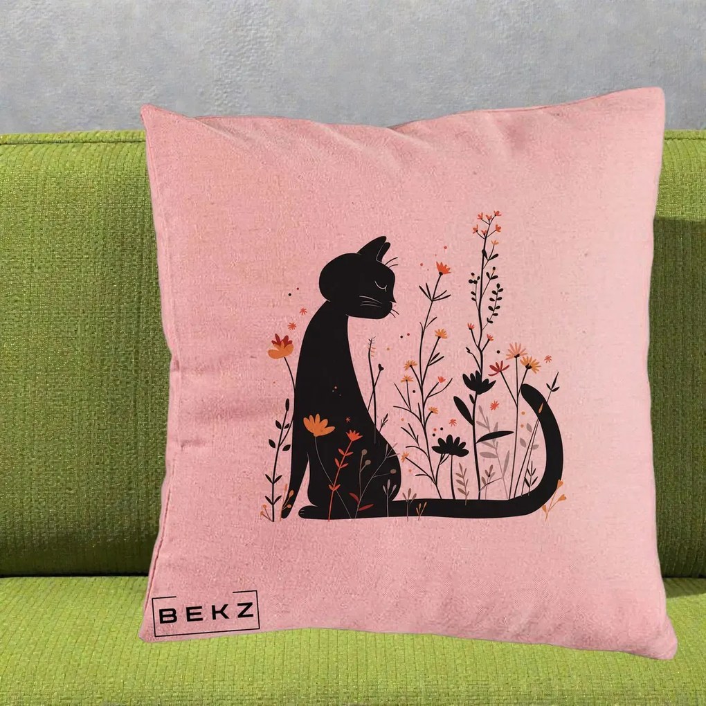 Perna Decorativa Pisica Neagra Flori Portocalii Silueta, 40x40 cm, Roz, Husa Detasabila, Perna Inclusa, BEKZ®