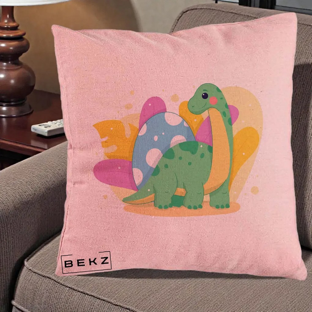 Perna Personalizata Dinozaur cu Ou Pastelat, 40x40 cm, Roz, Husa Detasabila, Perna Inclusa, BEKZ®