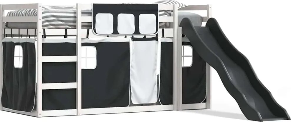 vidaXL Pat supraetajat cu tobogan și perdele, alb și negru, 90x190 cm