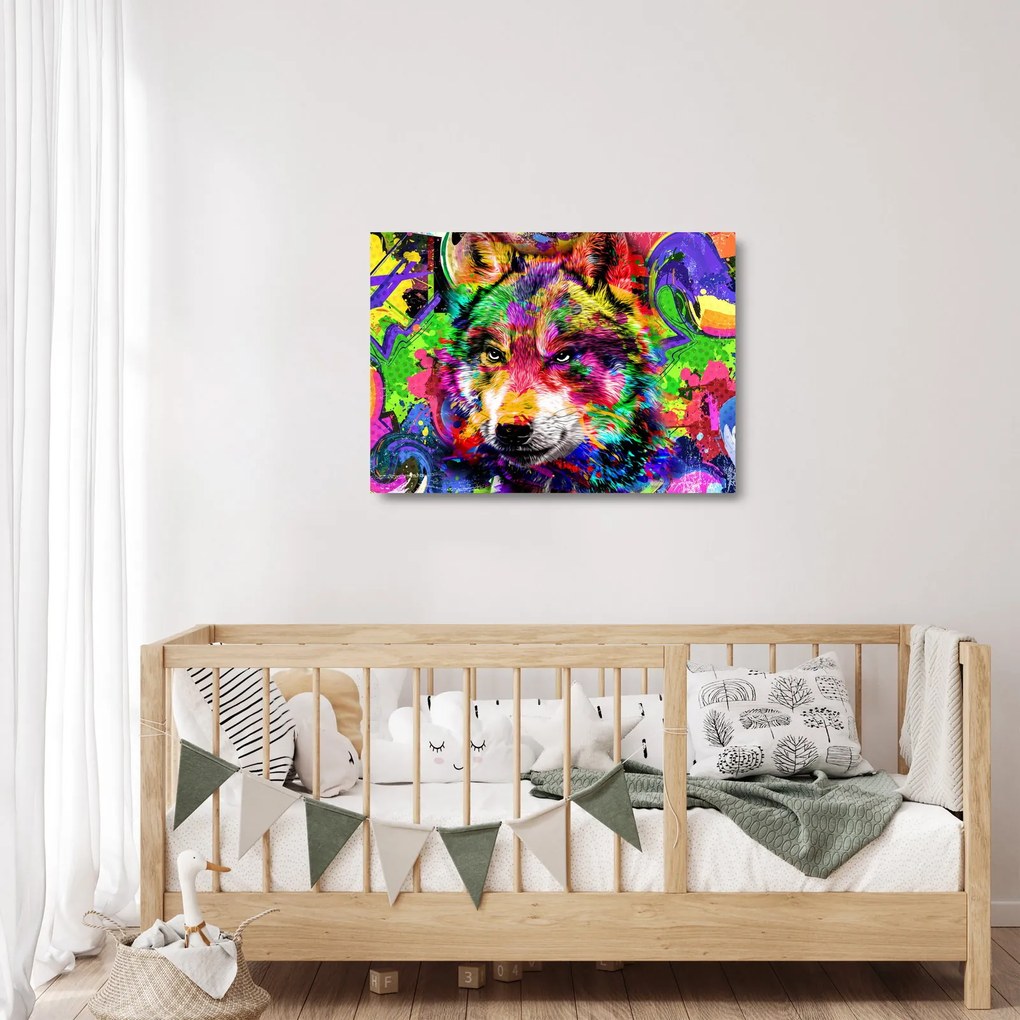 Tablou pe sticlă - Lupul cu graffiti (70x50 cm)