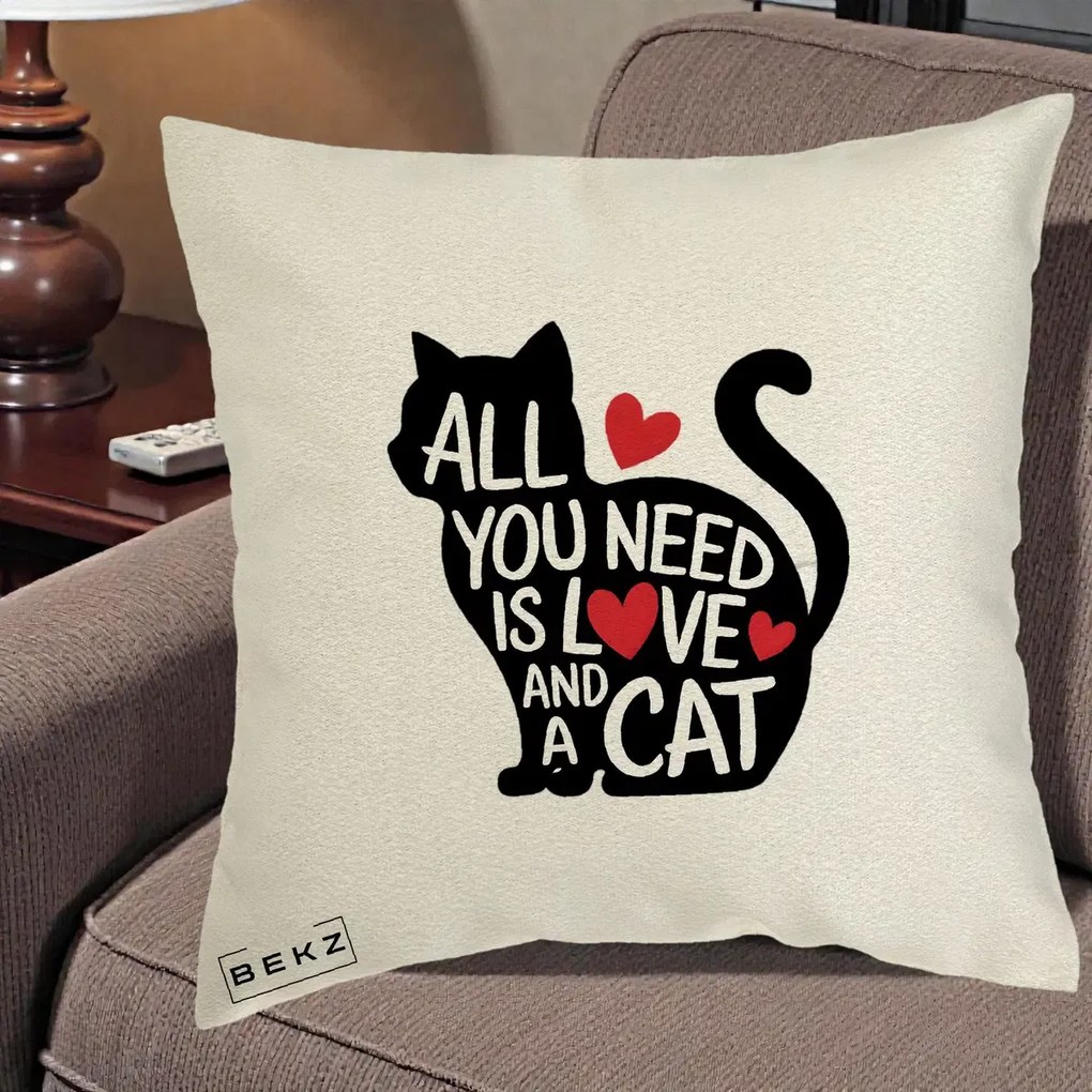 Perna Personalizata All You Need is Love and a Cat, 40x40 cm, Ecru, Husa Detasabila, Perna Inclusa, BEKZ®
