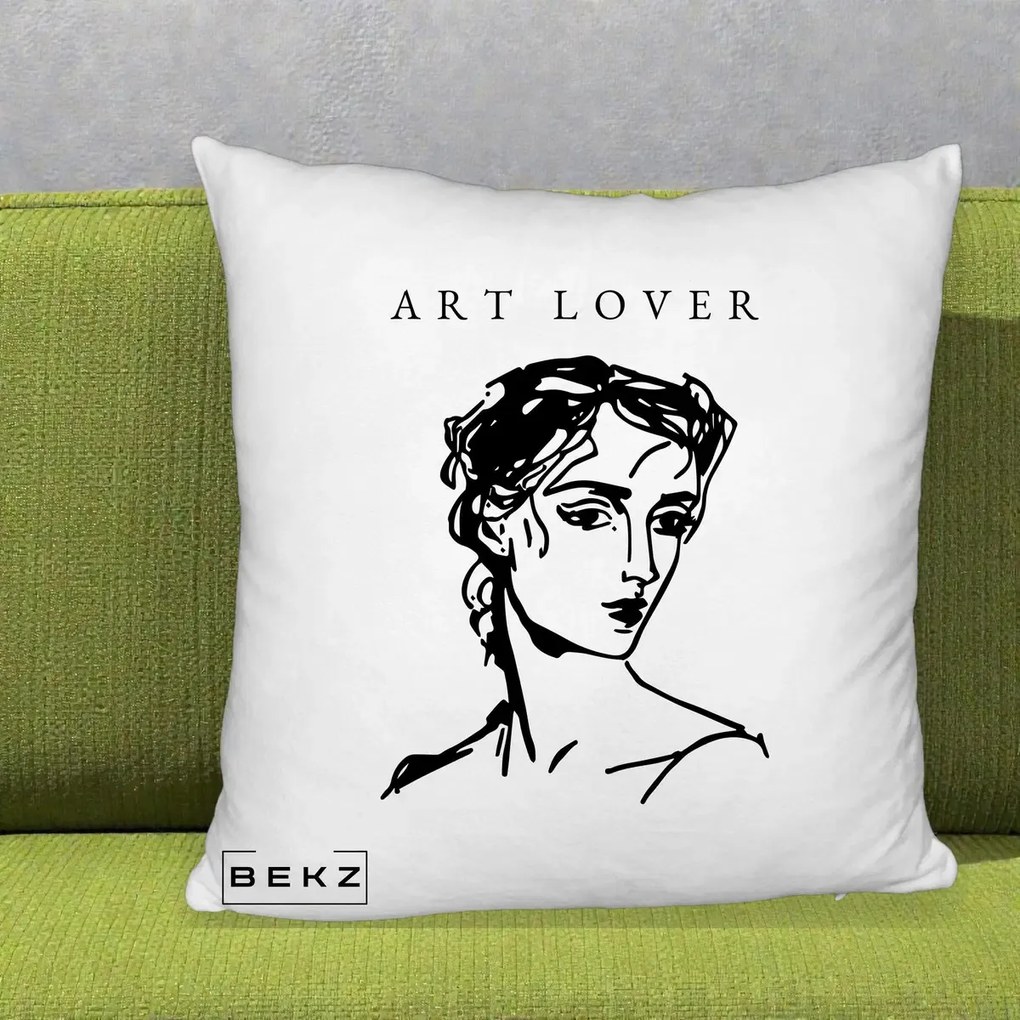 Perna Decorativa Art Lover Portret Grafic, 40x40 cm, Alb Pufos, Husa Detasabila, Perna Inclusa, BEKZ®