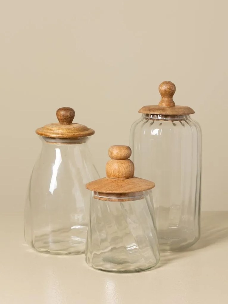 Set 3 borcane din sticlă canelată cu capac din lemn de mango cu mâner sculptat, natur, 12 × 24 cm, „Twisted"