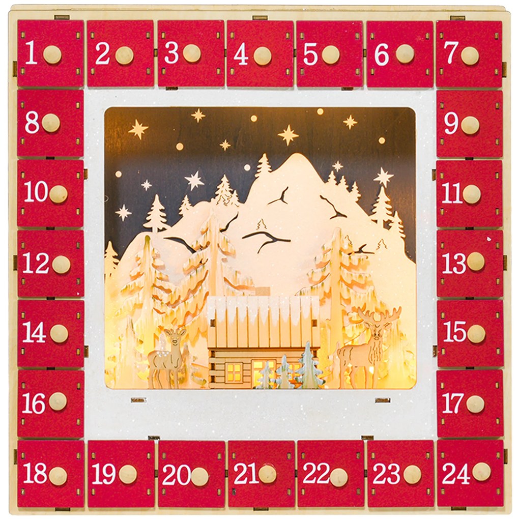 HOMCOM Calendar de Advent cu LED, decorațiuni de Crăciun din lemn, 24 sertare de umplut, decorațiune luminoasă, roșu | Aosom Romania