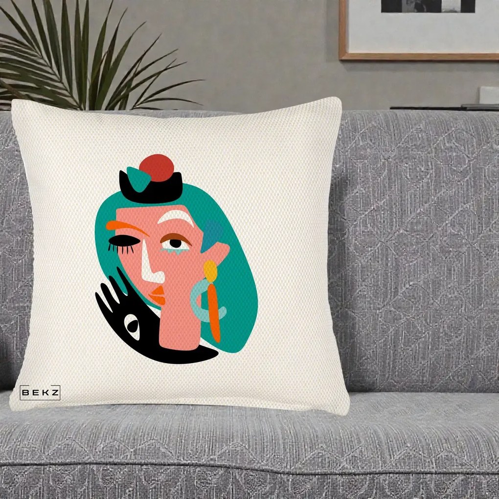 Perna Decorativa Portret Abstract Matisse Turcoaz, 40x40 cm, Crem Reliefat, Husa Detasabila, Perna Inclusa, BEKZ®