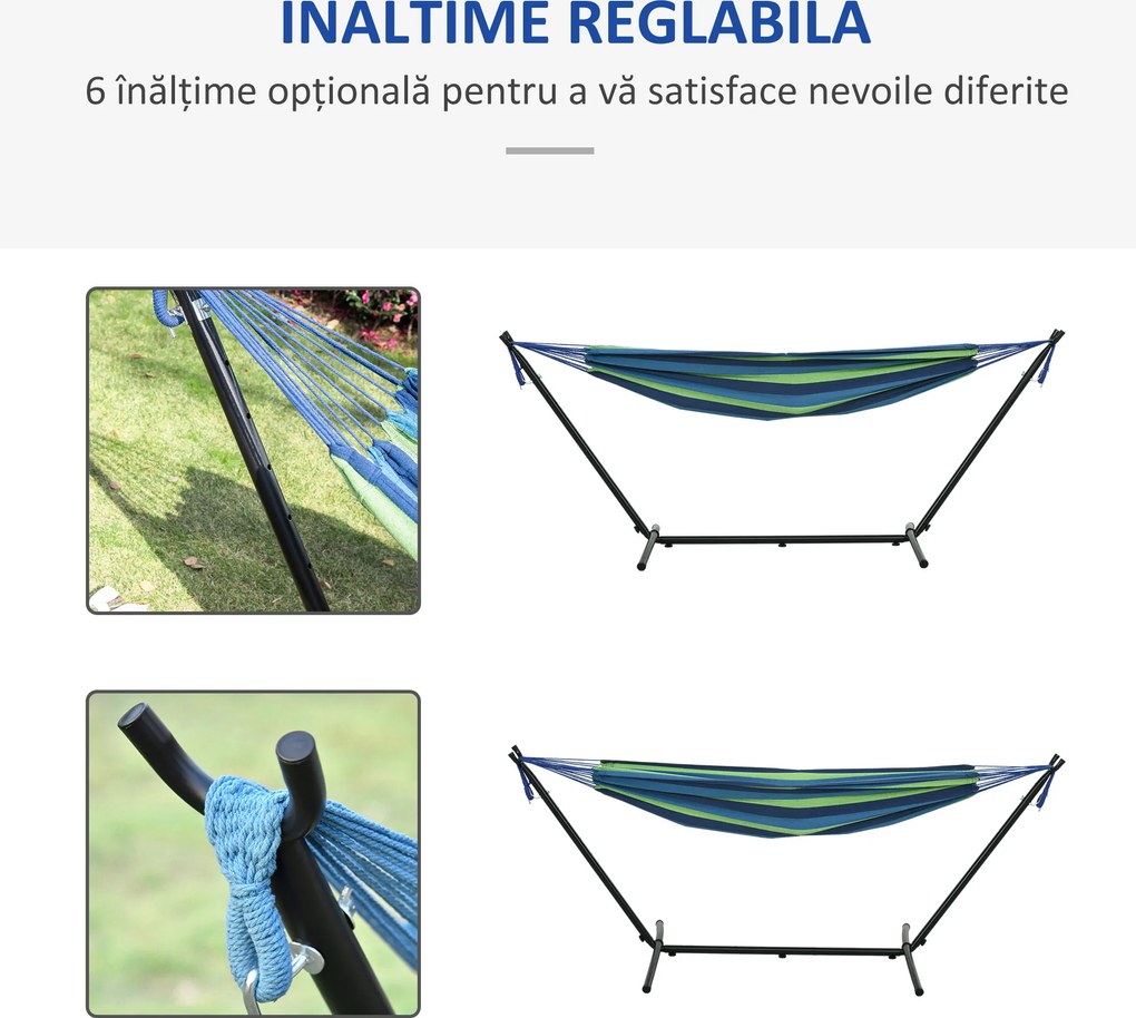 Outsunny Hamac de Grădină Suspendat 310x117 cm cu Înălțime Reglabilă și Suport, Capacitate 120 kg, Hamac Independent cu Geantă de Transport, pentru Camping, Grădină, Balcon, Patio, Verde și Albastru | Aosom Romania