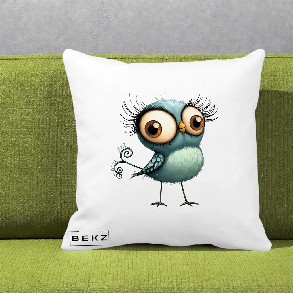 Perna Decorativa Pasare Teal cu Gene si Coada Spiralata, 40x40 cm, Alba Mata, Husa Detasabila, Perna Inclusa, BEKZ®