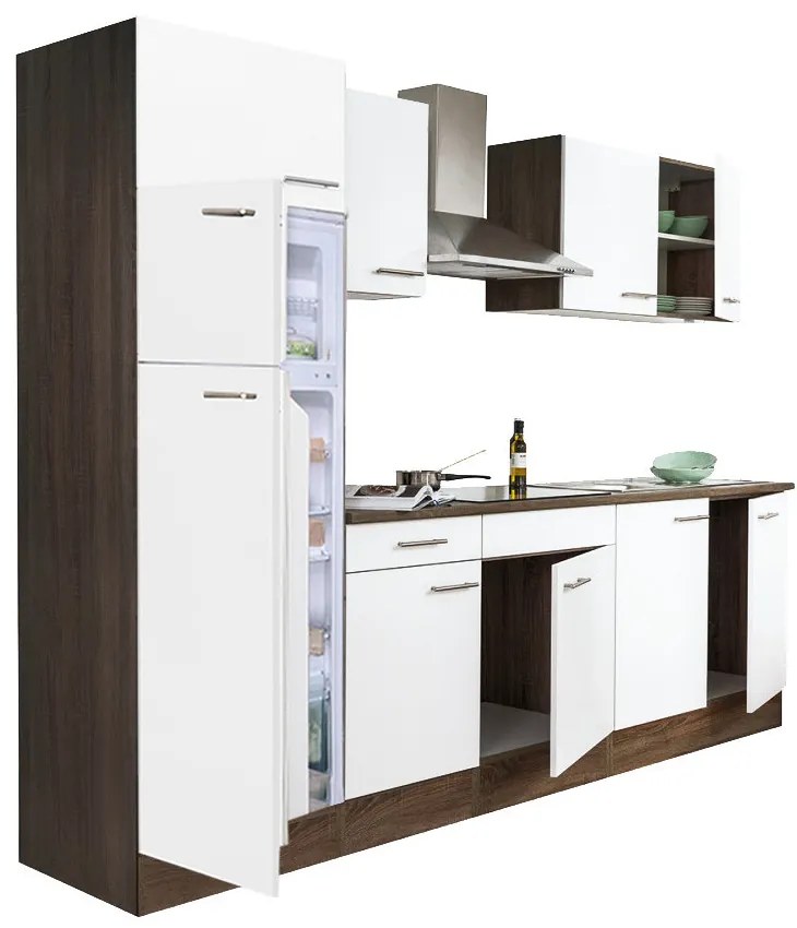 Mobilă de bucătărie Yorki 270, corp din stejar Yorki, față alb satinat, frigider cu congelator superior