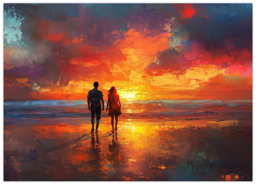 Tablou pe sticlă - Plimbare pe plajă (70x50 cm)