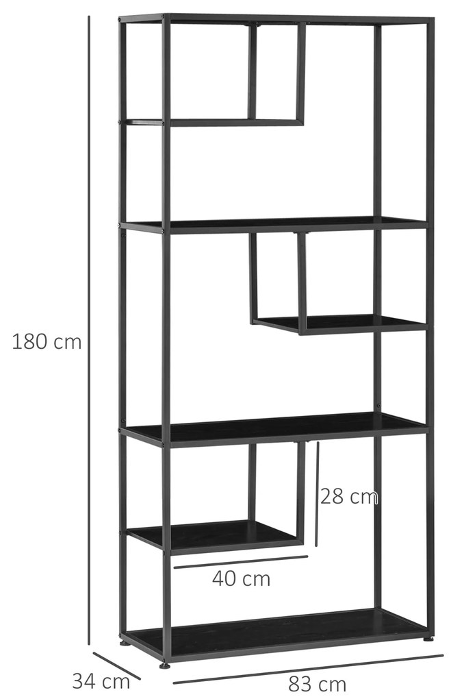 Biblioteca cu 7 nivele din PAL si otel pentru sufragerie, dormitor si birou, 83x34x180 cm, negru HOMCOM | Aosom Romania