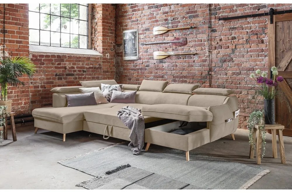 Colțar bej extensibil cu tapițerie din catifea (cu colț pe partea stângă /în formă de "U") Sweet Harmony – Miuform