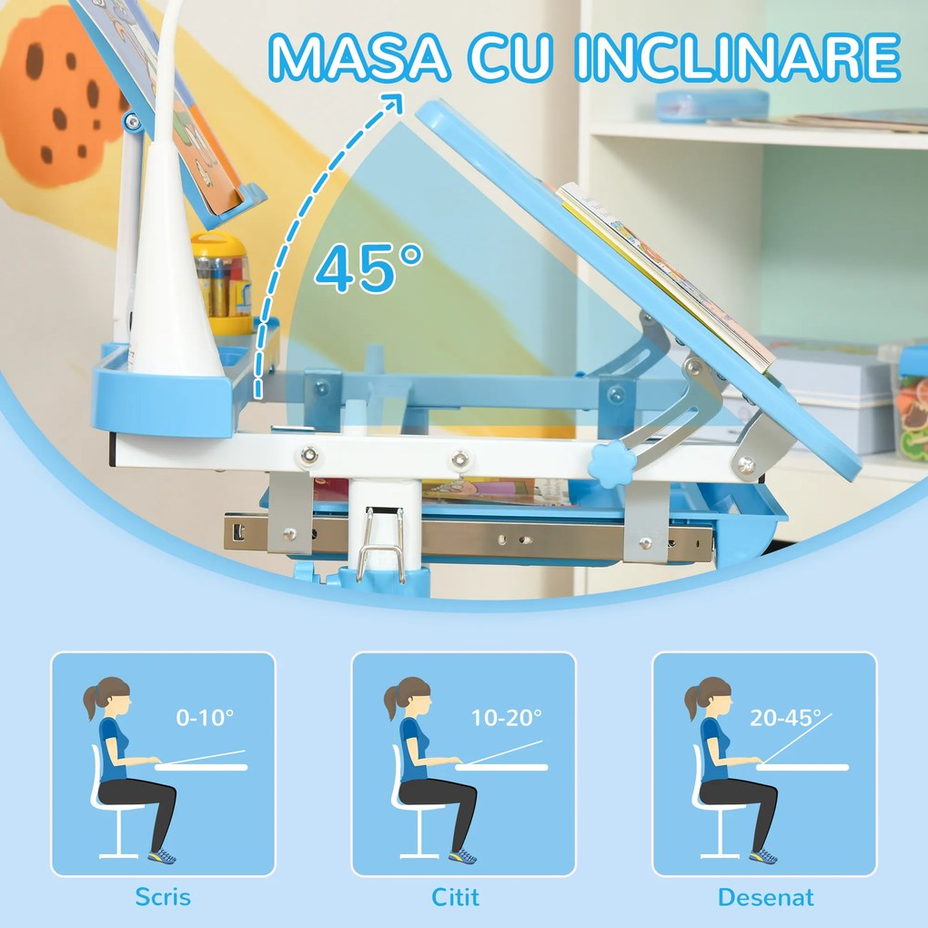 HOMCOM Birou Copii de 6-12 ani cu Lampa, masa cu scaune copii, cu design Ergonomic, Inălțimea Reglabilă, 70x49.5x80-105 cm | Aosom Romania