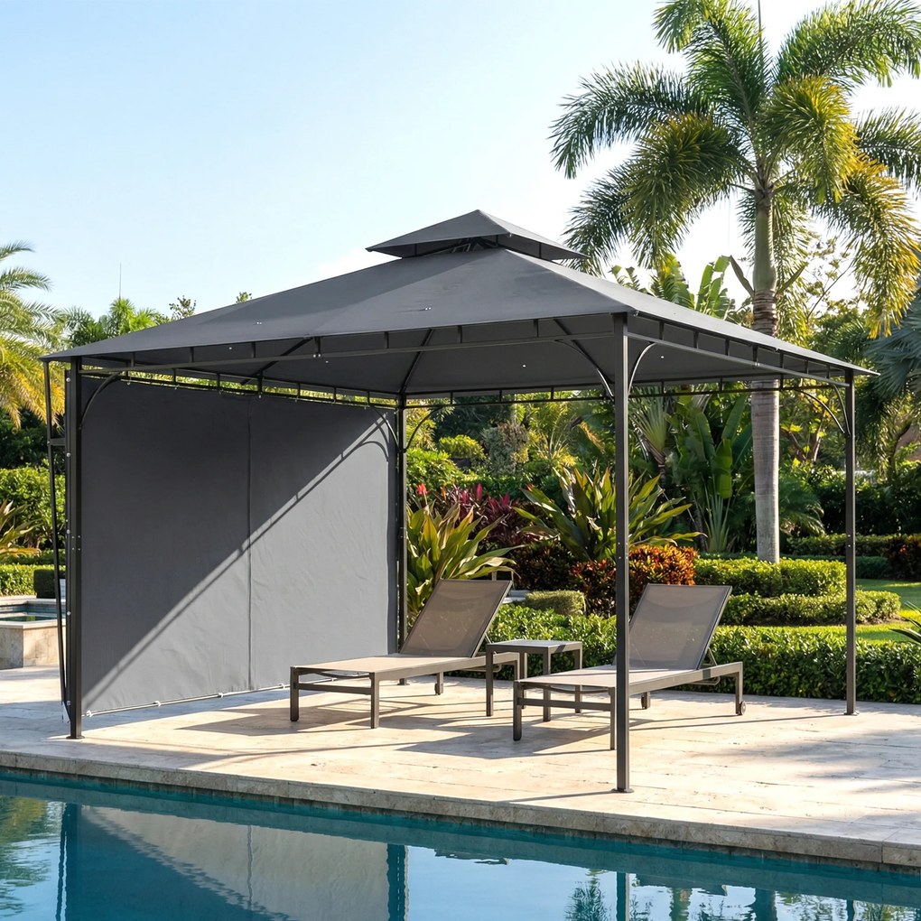 Outsunny Foișor de Grădină 3.2x3.2 m cu Acoperiș Extensibil, Foișor de Exterior cu Acoperiș Dublu Ventilat, Găuri de Drenaj, Cadru Metalic, pentru Grădină, Balcon, Petreceri, Terasă, UV30+, Gri Închis | Aosom Romania