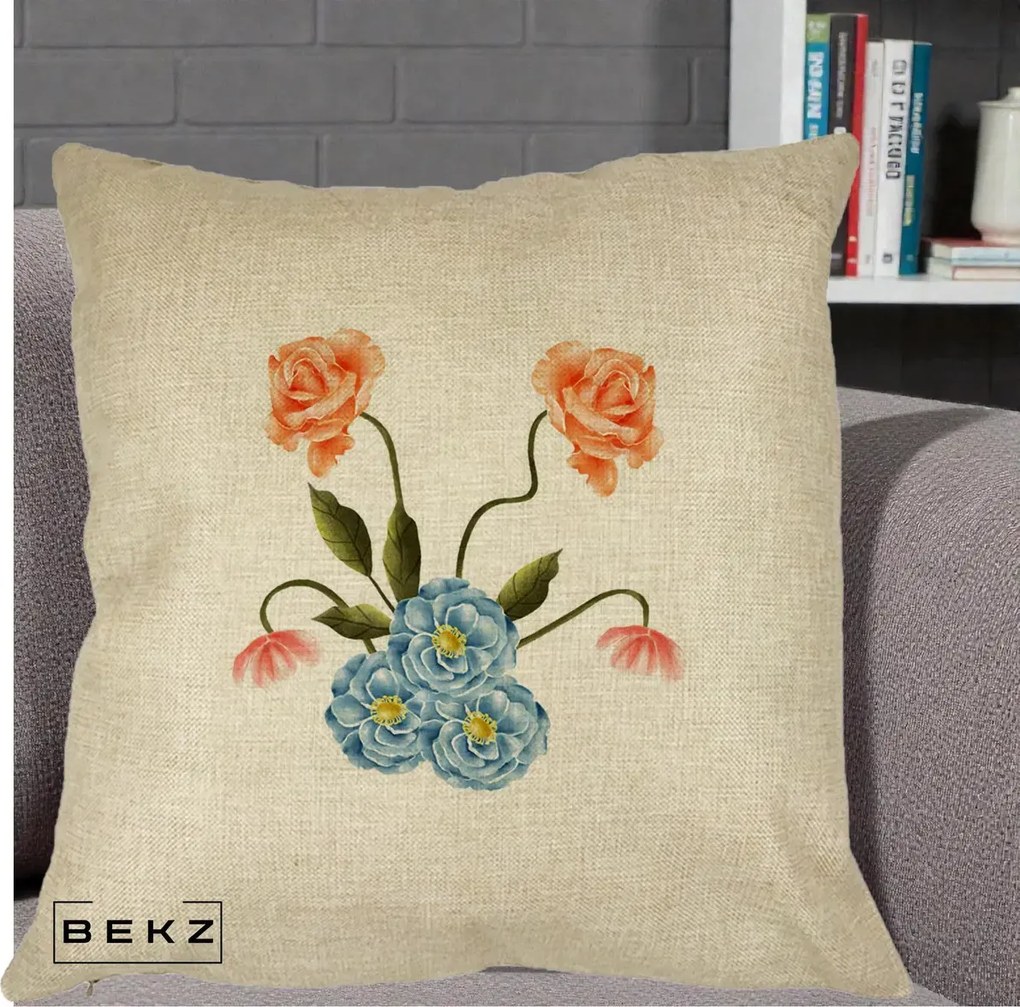 Perna Decorativa Trandafiri si Bujori Acuarela, 40x40 cm, Crem, Husa Detasabila, Perna Inclusa, BEKZ®