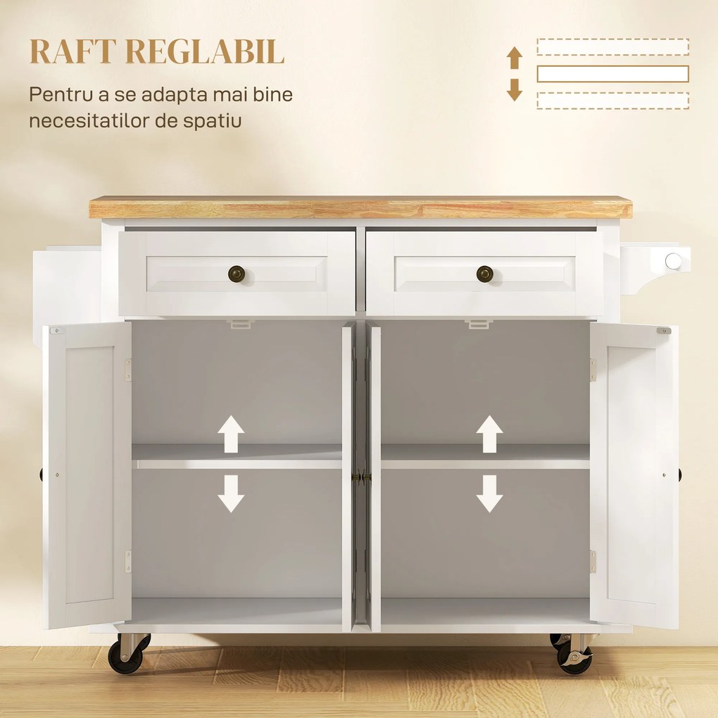 HOMCOM Carucior Bucatarie Sertare Dulapuri 4 Roti Lemn 111x44.5x82.5cm Alb | Aosom Romania