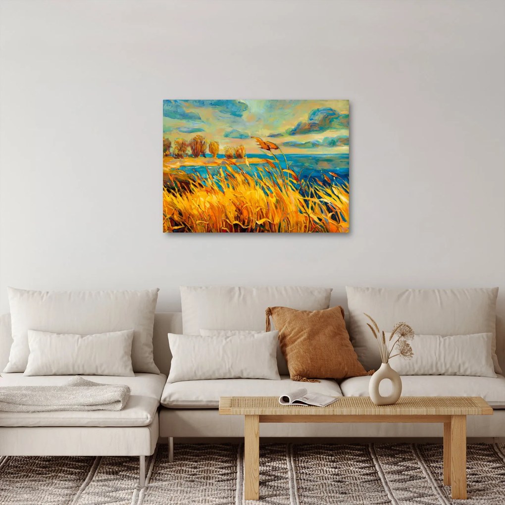 Tablou - Apus de soare peste lac, pictură acrilică (70x50 cm)
