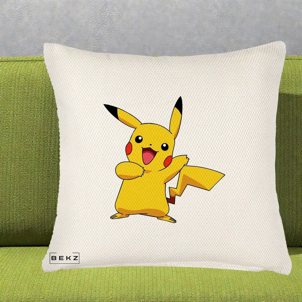 Perna Personalizata Pikachu Fericit, 40x40 cm, Crem Reliefat, Husa Detasabila, Perna Inclusa, BEKZ®