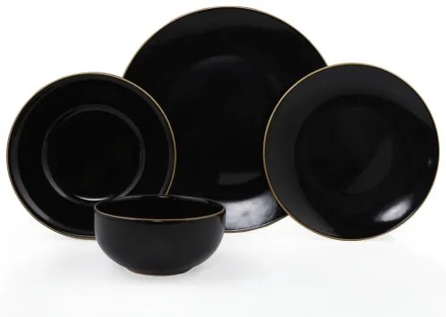 Set de masă, 24 piese, negru/auriu, din ceramică de tip stoneware