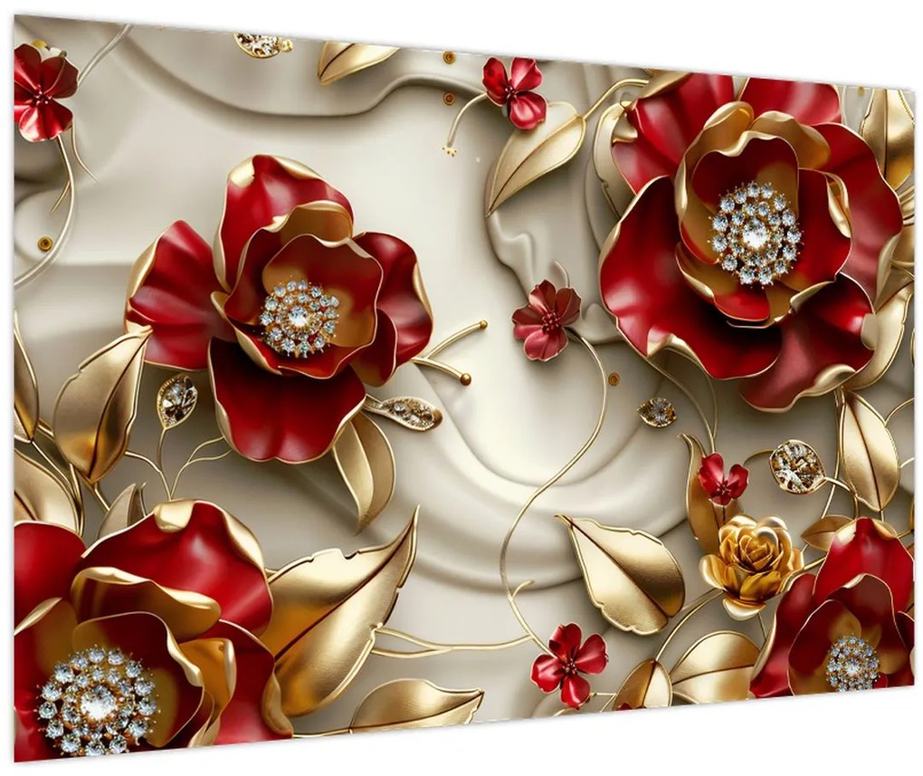 Tablou - Flori 3D Roșu-Auriu (90x60 cm)